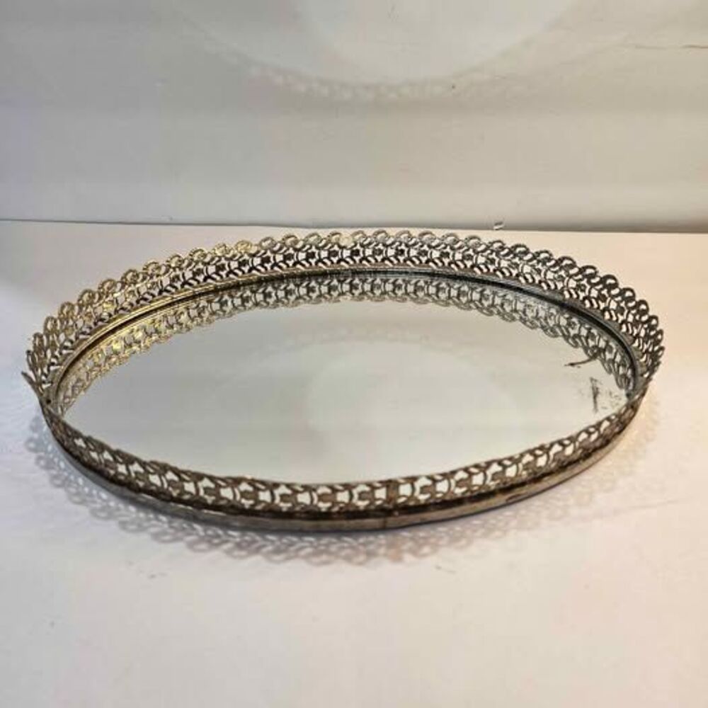 Vintage Oval Mirrored Filigree Vanity Tray